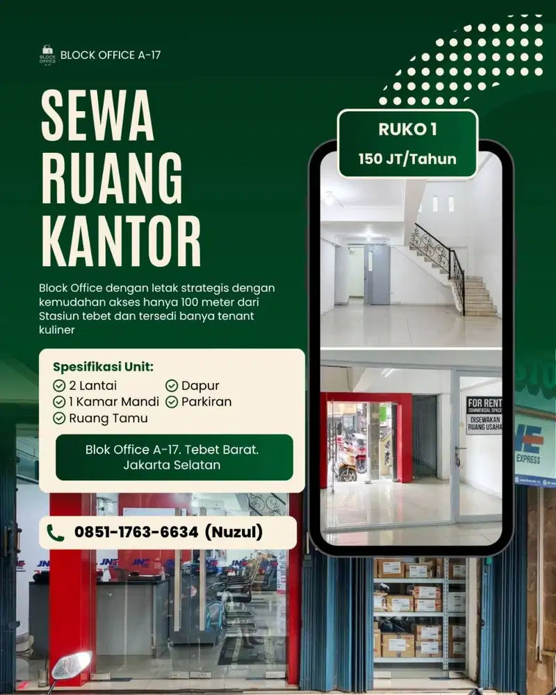 DISEWAKAN RUKO 2 LANTAI STRATEGIS – 100 METER DARI STASIUN TEBET
