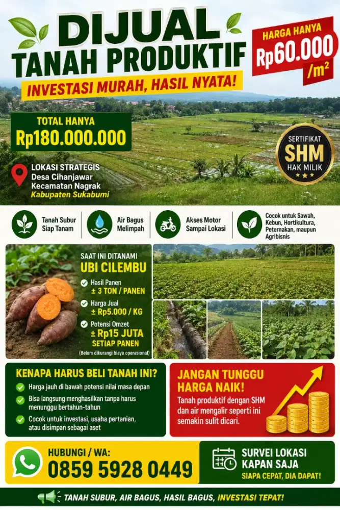 Tanah SHM 3000 M Rp 180 jt