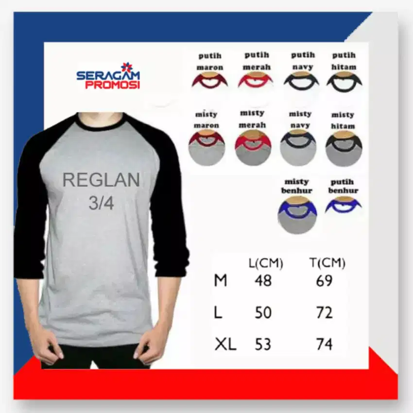 Kaos Polos Reglan 3/4 S M L XL