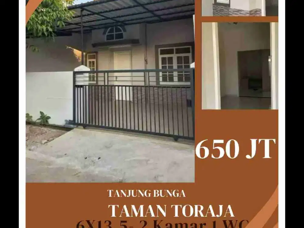 *Rumah Baru Renovasi Perumahan Taman Toraja Jl.Danau Kerinci  TanjungBunga*

ada PAGAR & Kanopi 
- Luas Tanah 6x13,5
- Luas Bangunan tipe 50
- 2 Kamar Tidur (KamarUtama 3x5 & Kamar Anak 3x3)
- 1 Kamar Mandi
- Dapur 
- Tempat Cuci Jemur
- PDAM & PLN
Harga