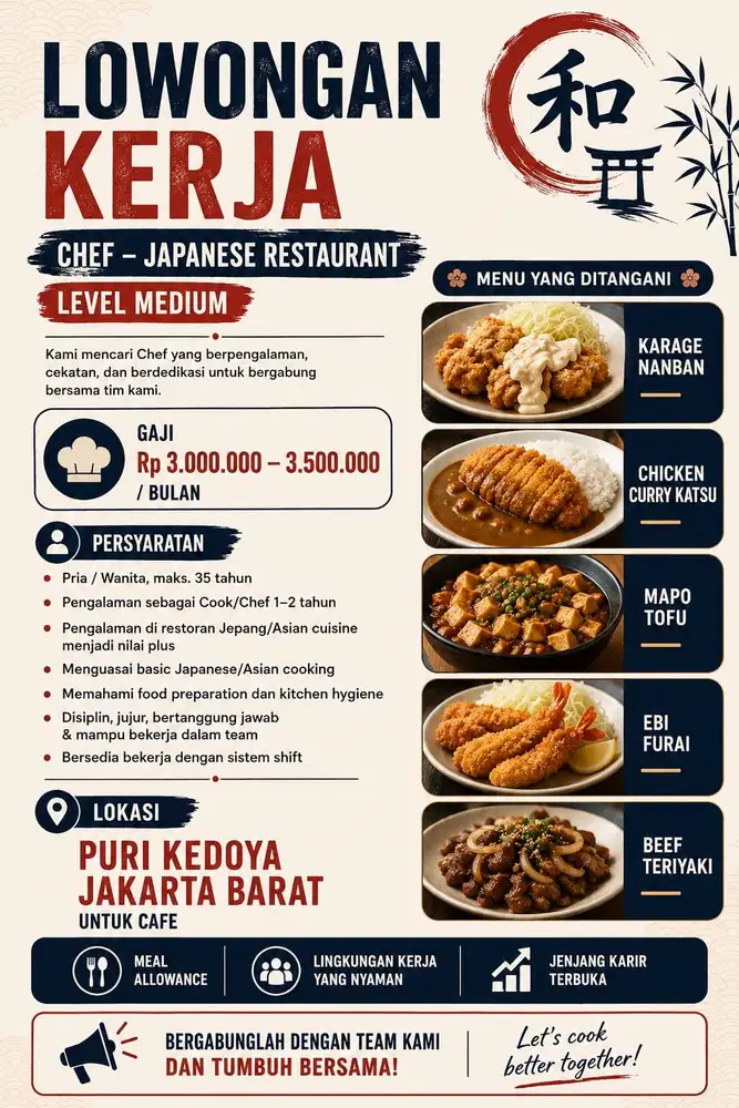 LOWONGAN CHEF JEPANG MAKANAN JEPANG MEDIUM LEVEL