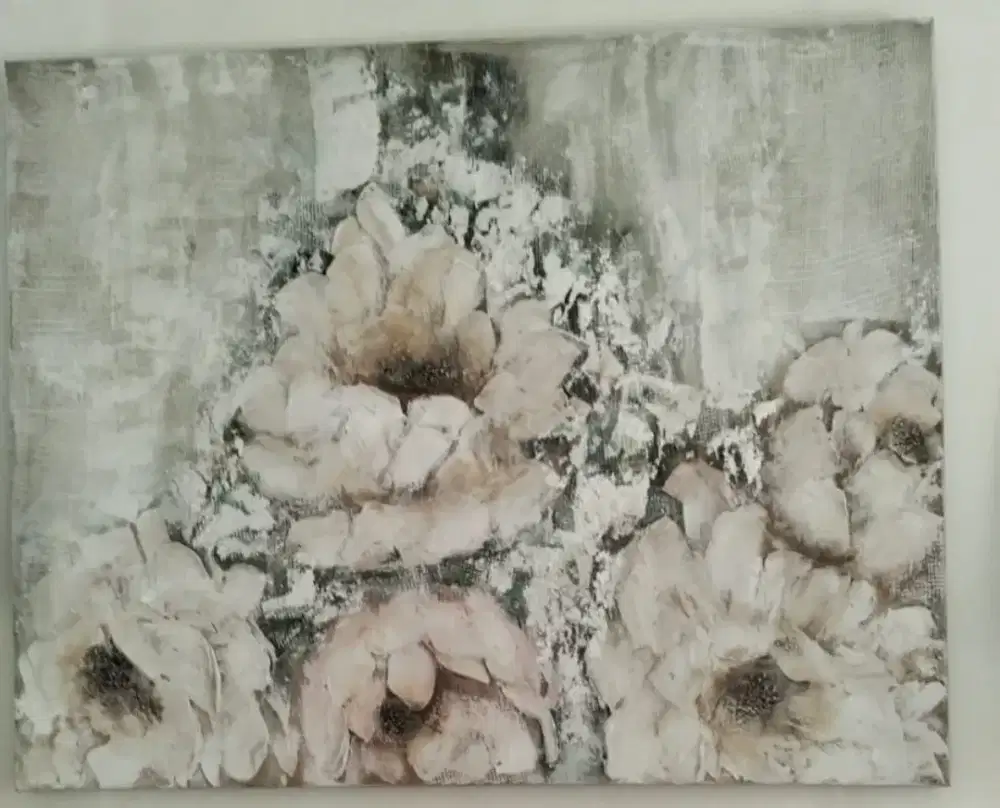 Lukisan Kanvas Timbul Modern Shabby Chic Motif Bunga Beige Netral
