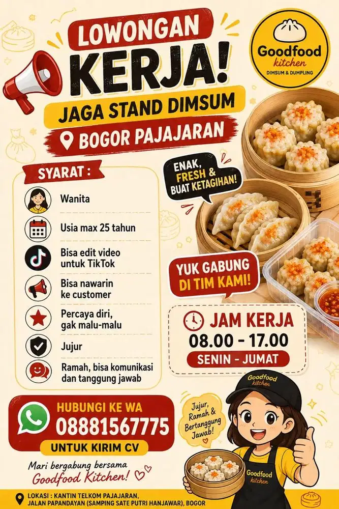 Dibutuhkan segera jaga stand dimsum