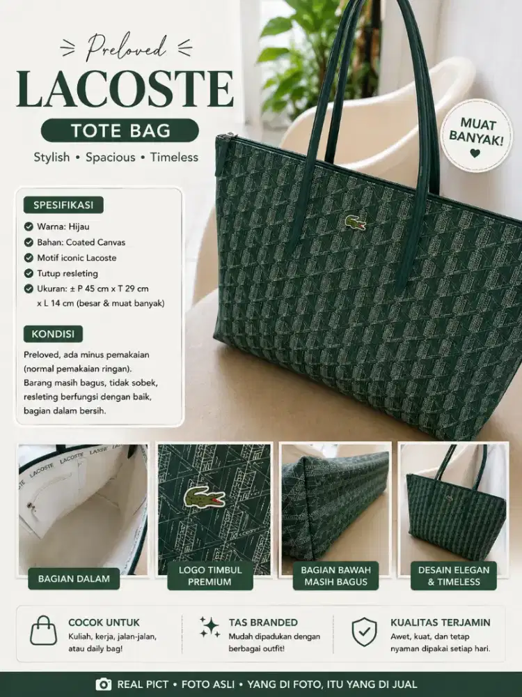 Lacoste Tote Bag Hijau | Tas Wanita Branded