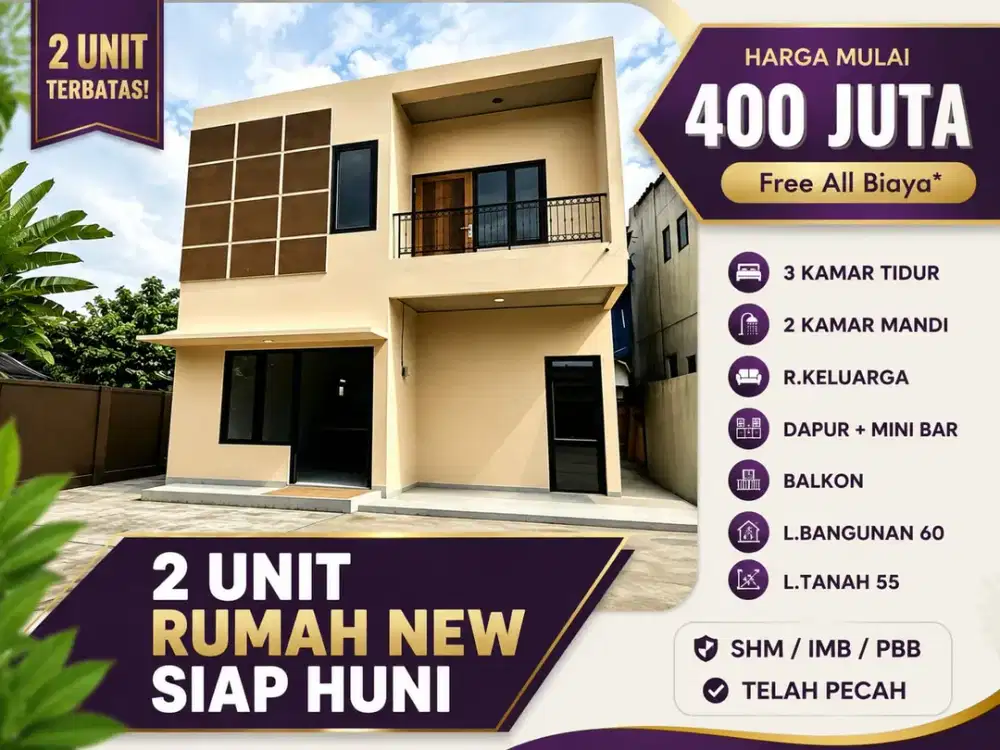 Di Jual 2 Unit 2 Lantai Rumah New - Free Biaya di Sukamaju Baru Tapos Depok