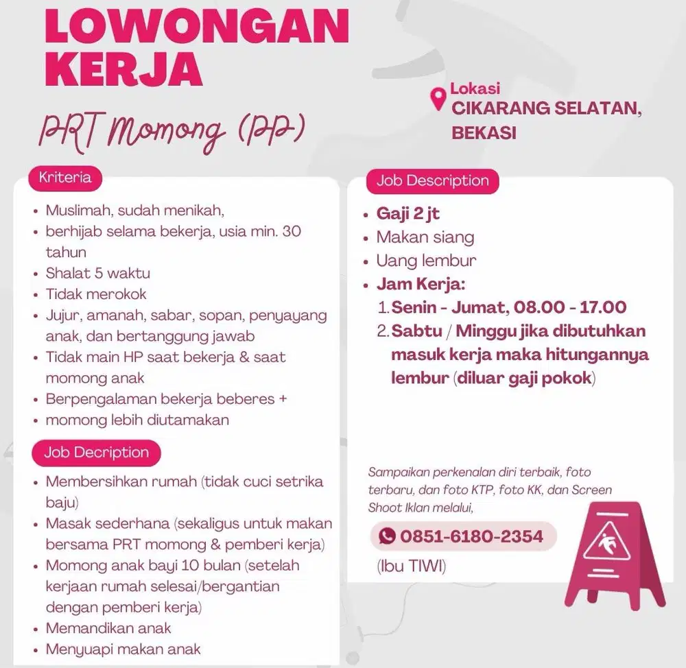 Cari PRT Momong Pulang Pergi Posisi di cikarang