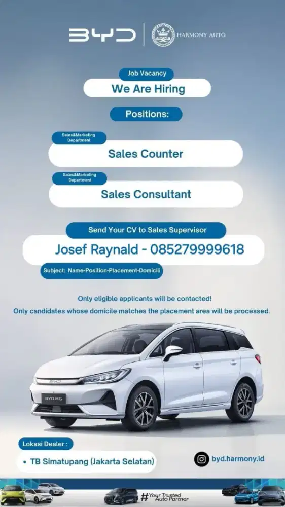Lowongan Sales Consultant BYD