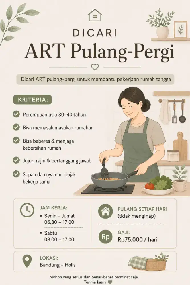 Dicari Asisten Rumah Tangga Bandung