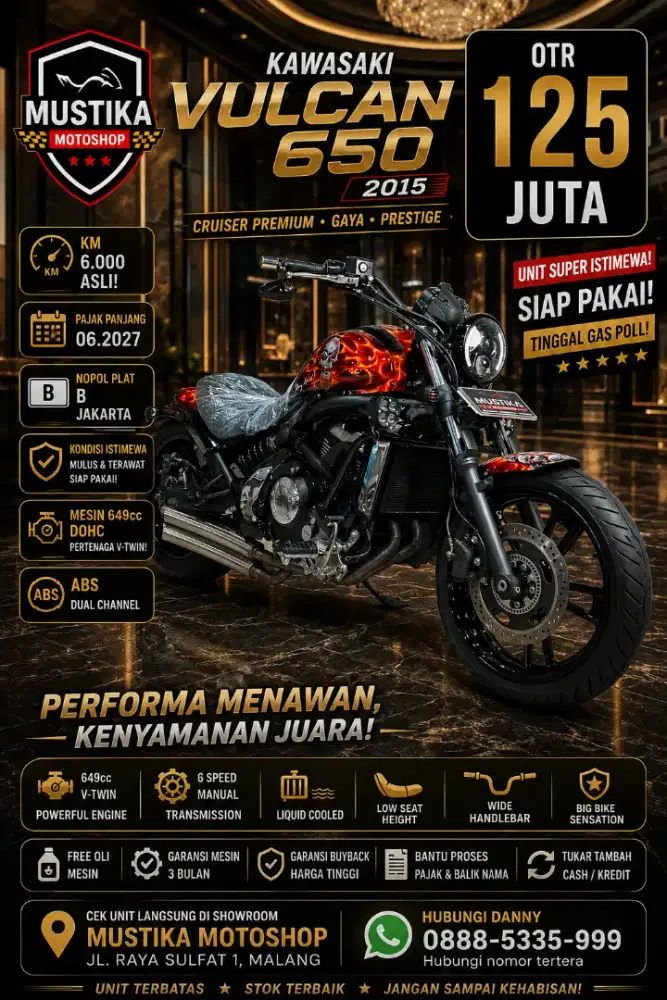 Kawasaki Vulcan 650 2015. KM 6rb asli. DANNY Mustika Motor Malang
