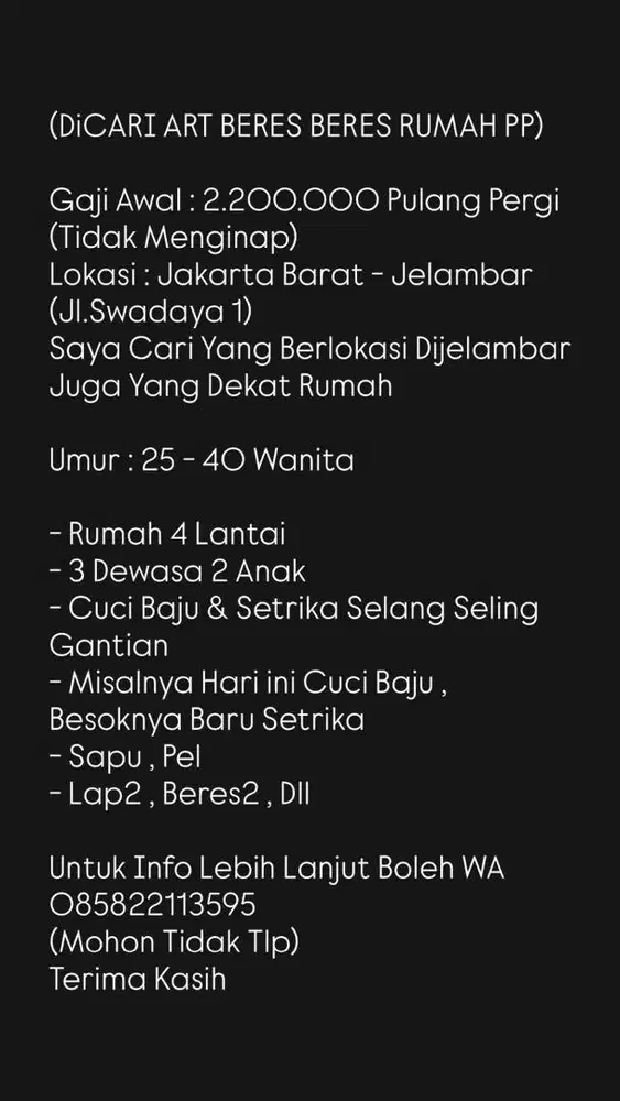 Cari Art Beres2 Cuci Gosok PP Tidak Menginap Gaji 2.2jt Jelambar