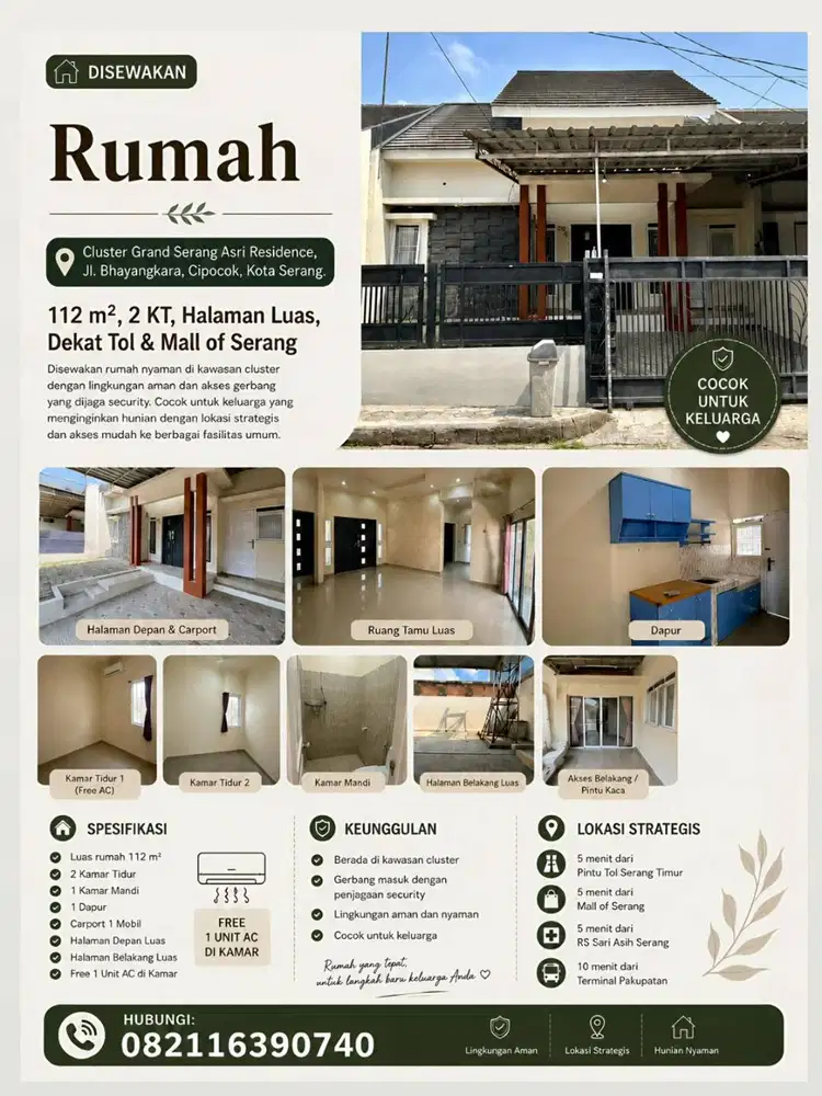 DISEWAKAN RUMAH CLUSTER TAHUNAN