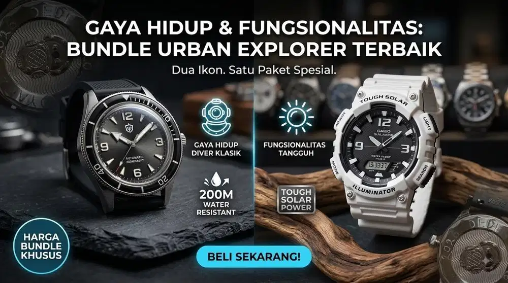 Paket 2 Jam Tangan Vintage Diver Black + Casio Tough Solar AQ-S810W