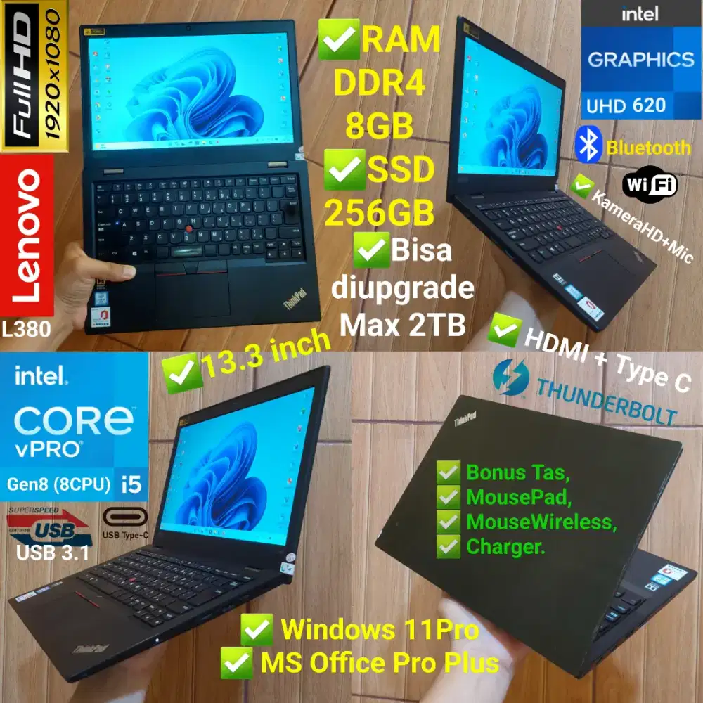 Core i5 G8 (8CPU), RAM 8GB SSD 256GB 13.3in Laptop Thinkpad Tangguh