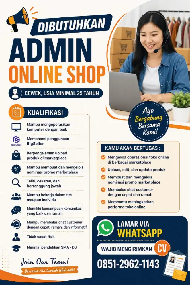 Di butuhkan admin onlineshop