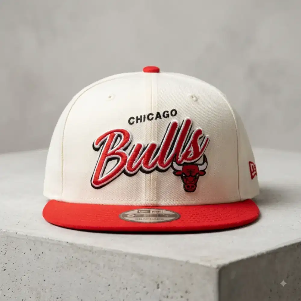 Topi New Era 9FIFTY 2TN Script Chicago Bulls  - Snapback Off-White Red