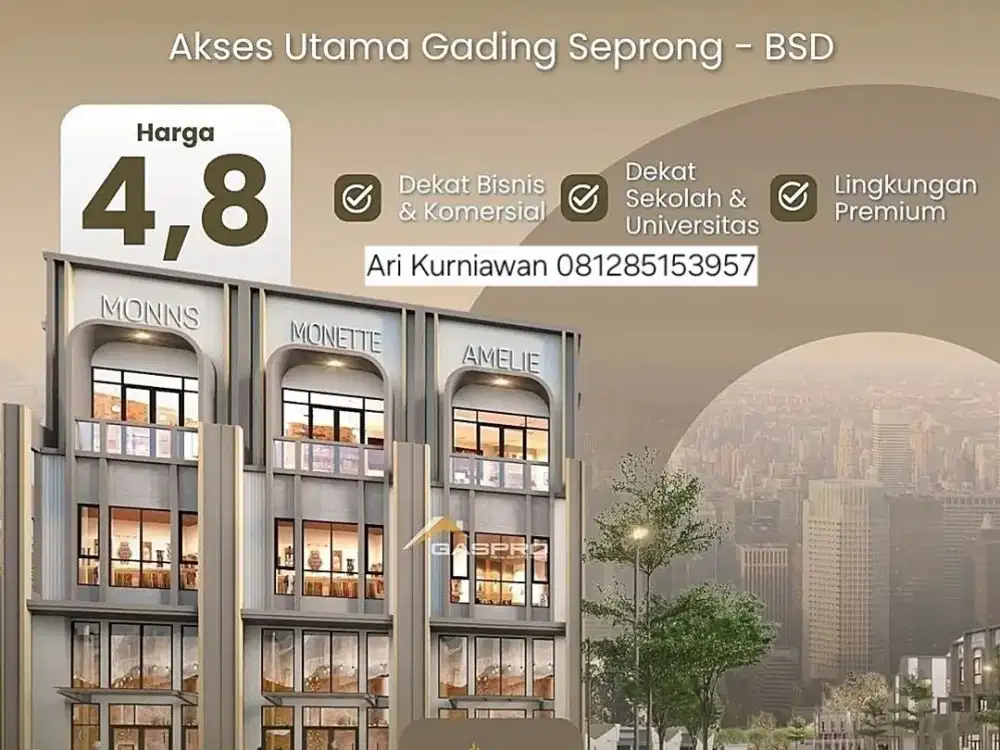 TERMURAH! PALING STRATEGIS Ruko 3Lantai Hadap Jalan Utama & Akses Utama Gading Serpong 4,8M