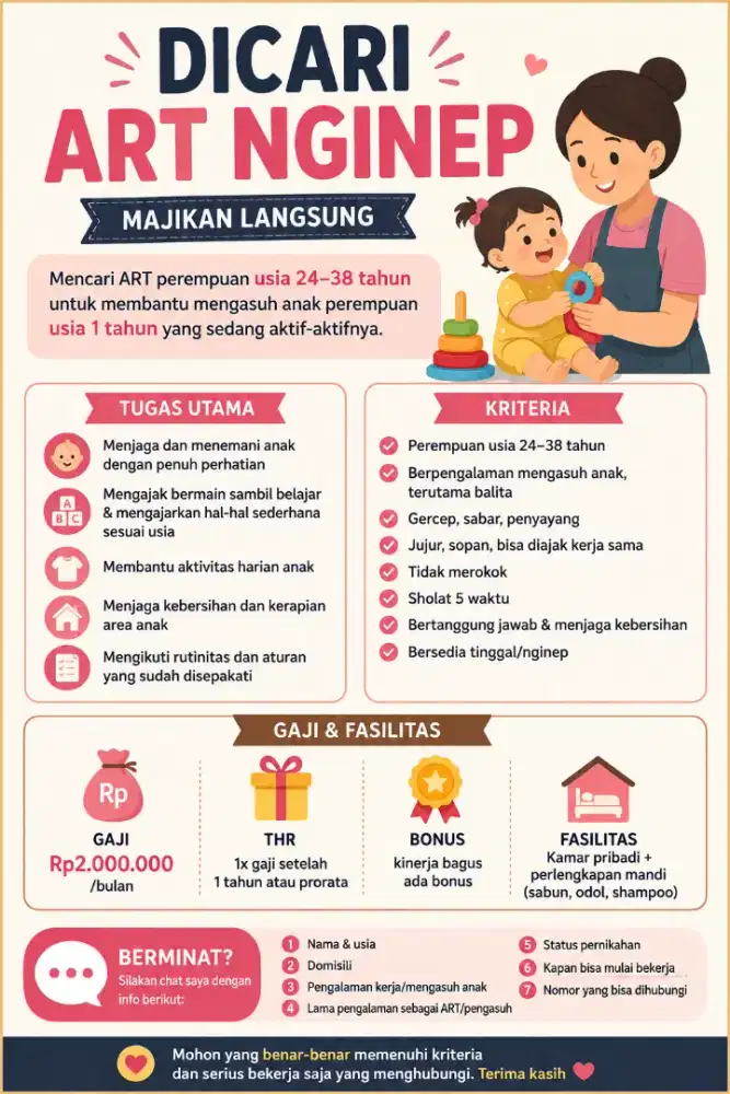 Dibutuhkan ART Nginap Momong Anak