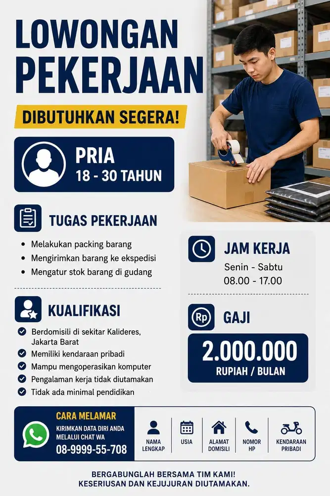 Admin Packing Online Shop Pria Lokasi Kalideres Jakarta Barat
