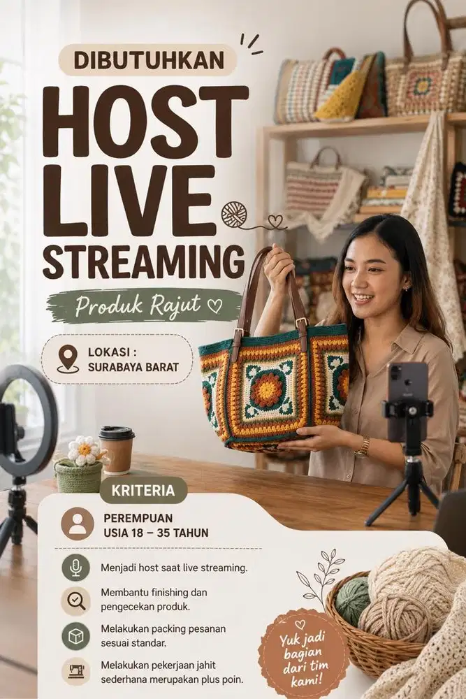 Host Live Produk Rajut Wanita Usia 18-35 Tahun Domisili Surabaya Barat
