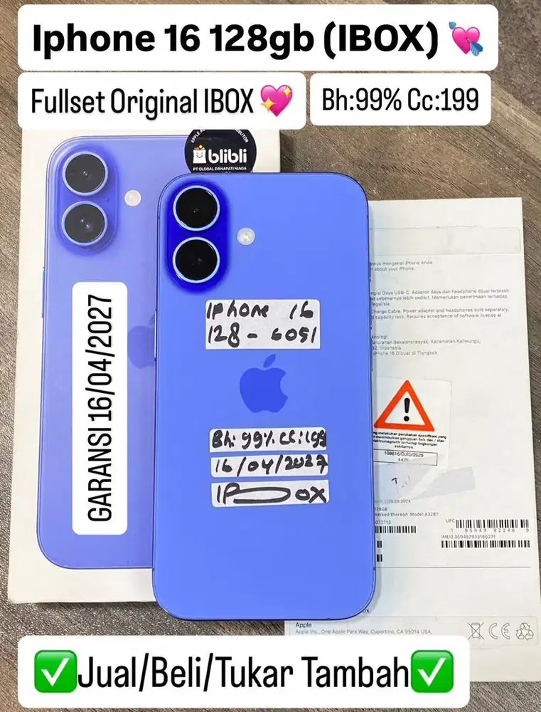 Iphone 16 128 Gb Ultramarine Ibox masih garansi panjang
