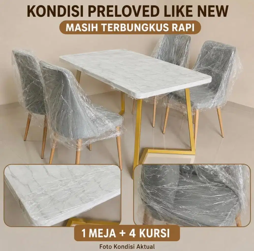 SET MEJA MAKAN 4 KURSI MINIMALIS MOTIF MARMER LIKE NEW MEJA MAKAN