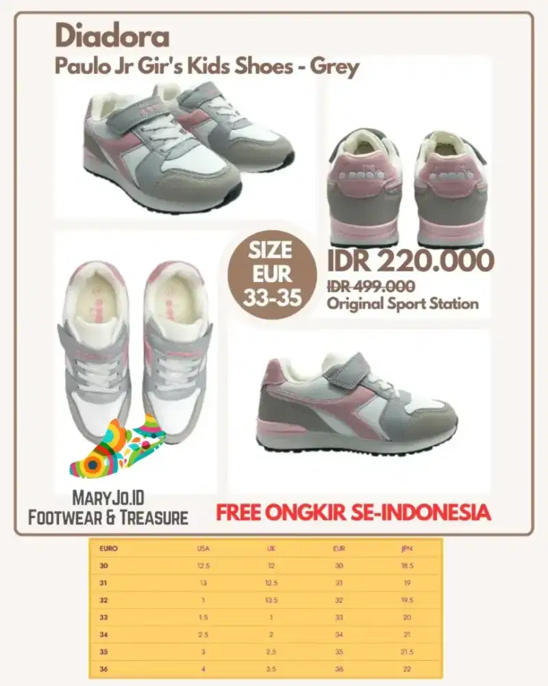 Diadora Paulo Jr Gir's Kids Shoes - Grey : Size 33, 34, 35