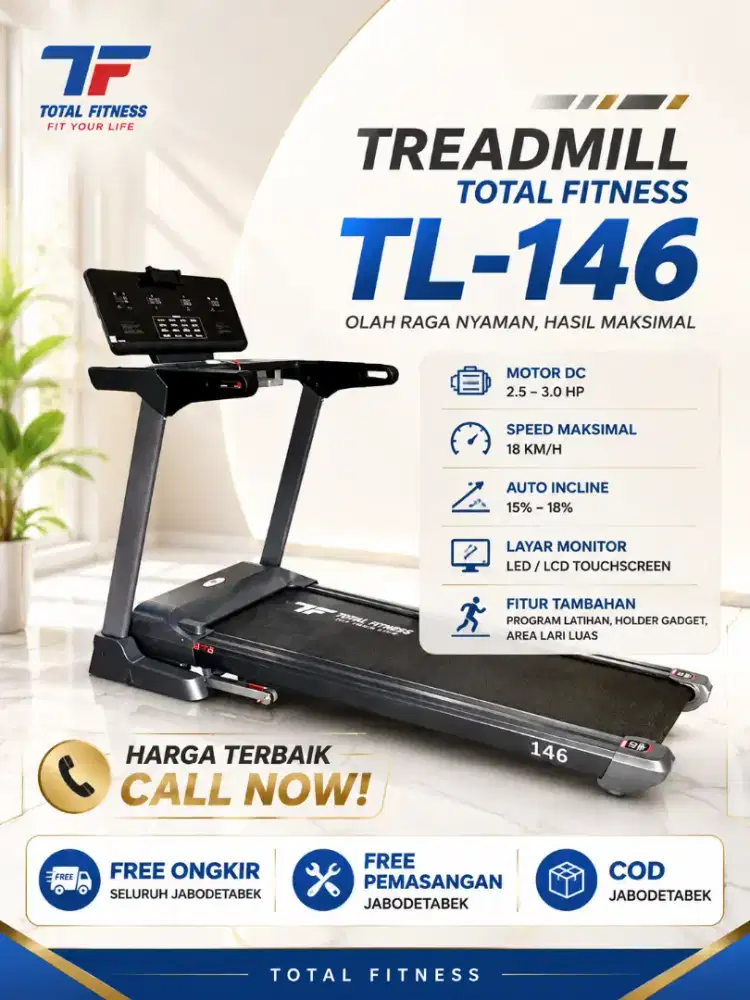 TREADMILL TOTAL FITNESS TL-146 | 3 HP | INCLINE 18% | SPEED 18 KM/H