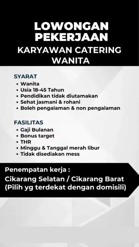 Lowongan Kerja Staff Catering Wanita Cikarang