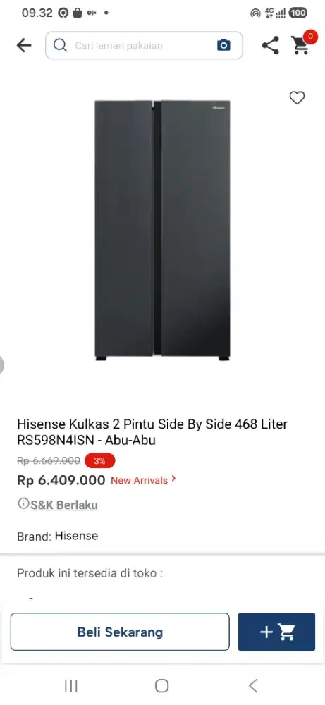 Hisense kulkas 2 pintu side by side 468 liter