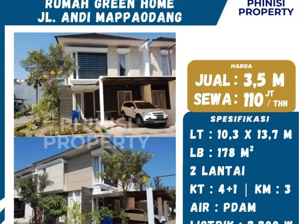 DIJUAL Rumah sudut di Green Home Jalan Andi Mappaoddang