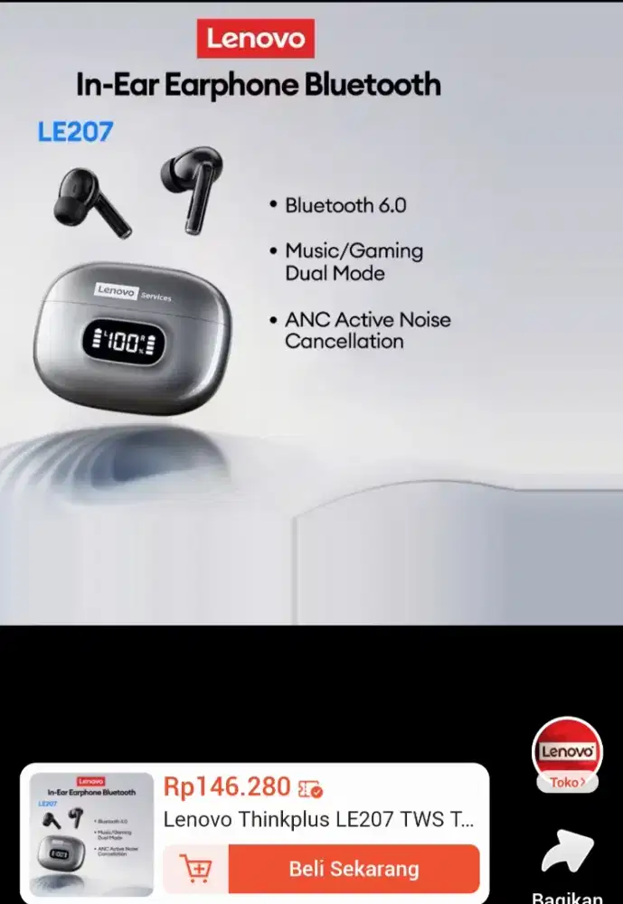 Lenovo Thinkplus LE207 TWS Earphone Bluetooth 6.0 Stereo Sound ANC
