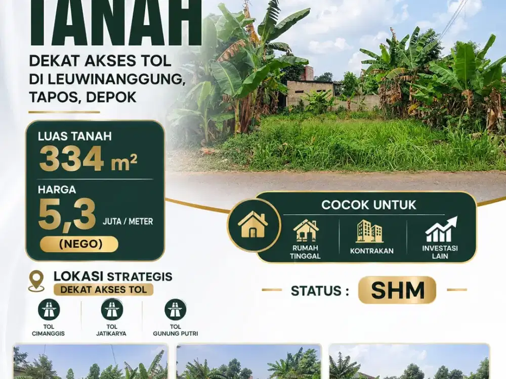 DIJUAL CEPAT : TANAH STRATEGIS DEKAT AKSES TOL DI Leuwinanggung, Tapos – Depok
