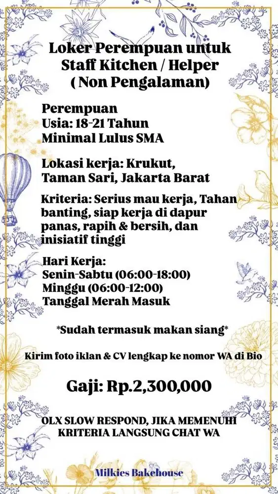 LOKER HELPER DAPUR PEREMPUAN USIA 18-21 TAHUN