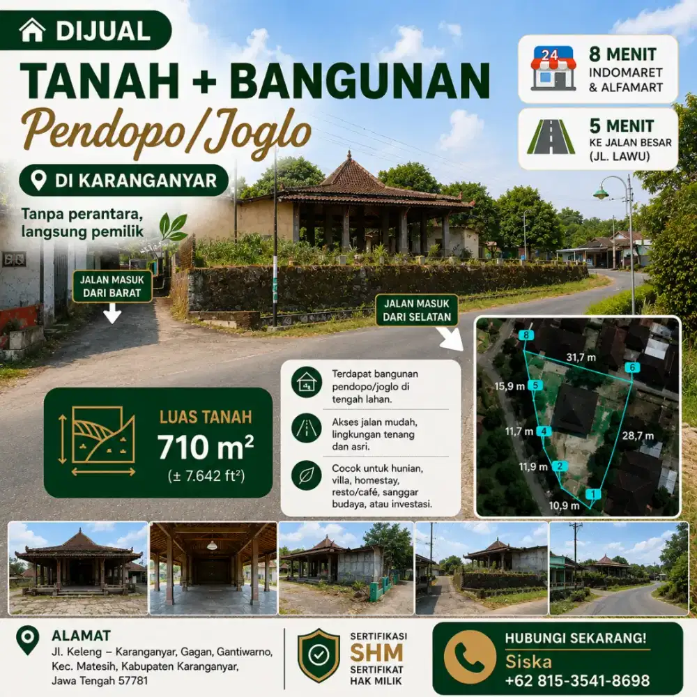 Dijual Tanah 752,6 m² + Pendopo/Joglo Karanganyar – SHM