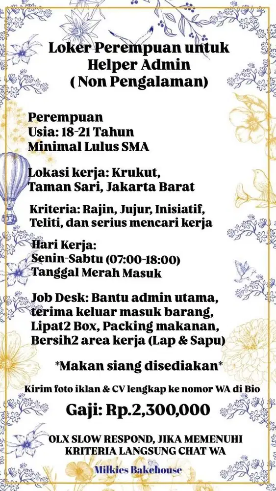 LOKER HELPER ADMIN PEREMPUAN USIA 18-21 TAHUN