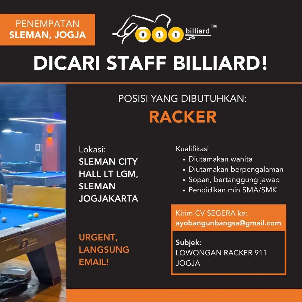 Lowongan Kerja Racker 911 Billiard Jogja