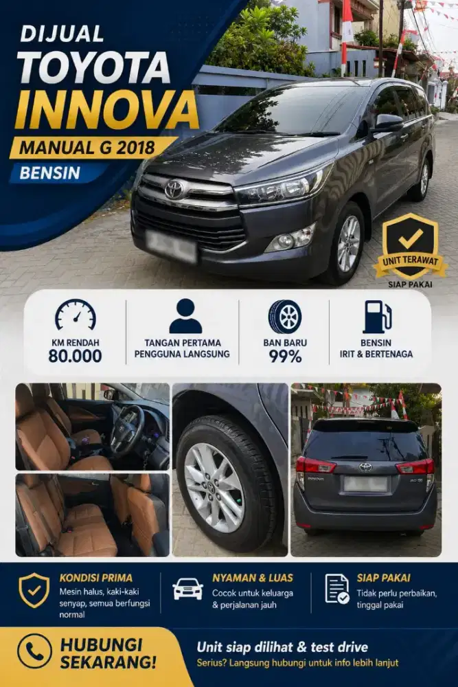 Toyota Innova 2.0 Manual 2018 Tangan pertama, KM 80 Ribuan, Ban Baru