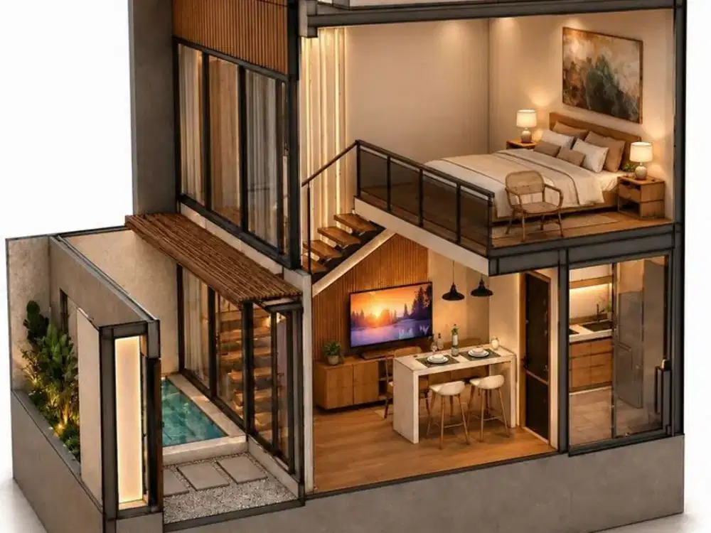 1Br Tropical Loft With Private Pool For 30-Year Leasehold In Kerobokan