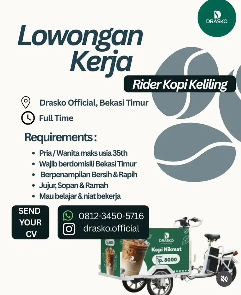 Dibuka lowongan kerja rider barista kopi keliling merk DRASKO