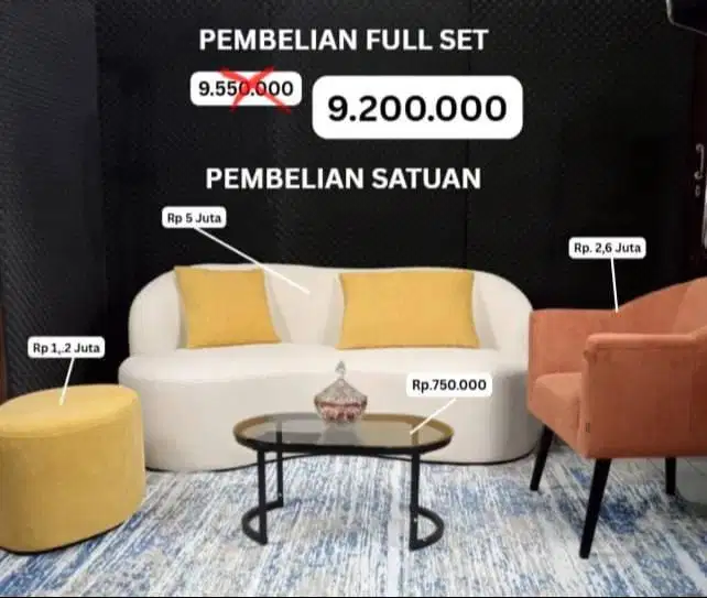 Sofa Set Modern Full Set - Sofa, Ottoman, Armchair, Meja