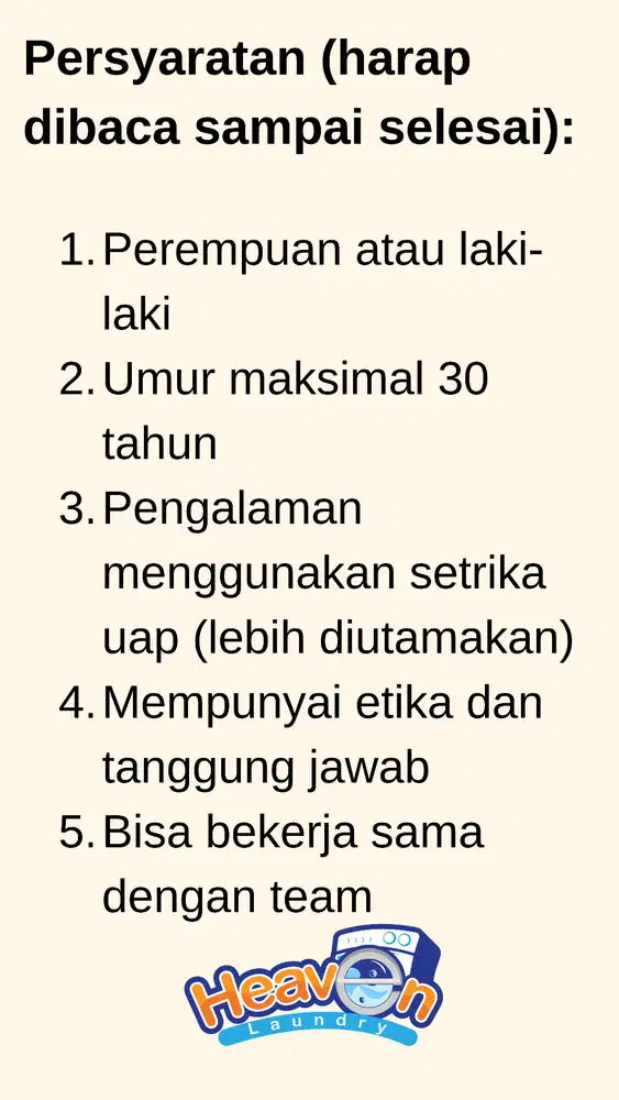 DIBUTUHKAN SEGERA: Bagian Setrika Uap Pakaian dan Cuci