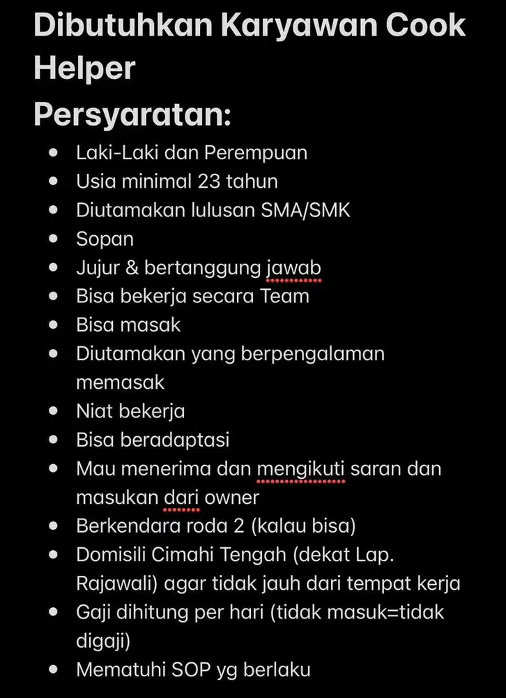 Dibutuhkan Karyawan Cook Helper Kedai Masakan Nusantara