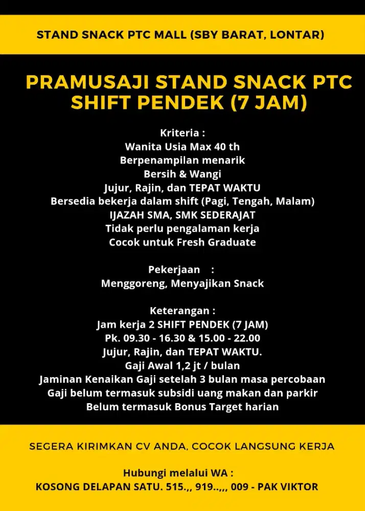 Dibutuhkan segera pramusaji mall PTC, perkenalan langsung kerja
