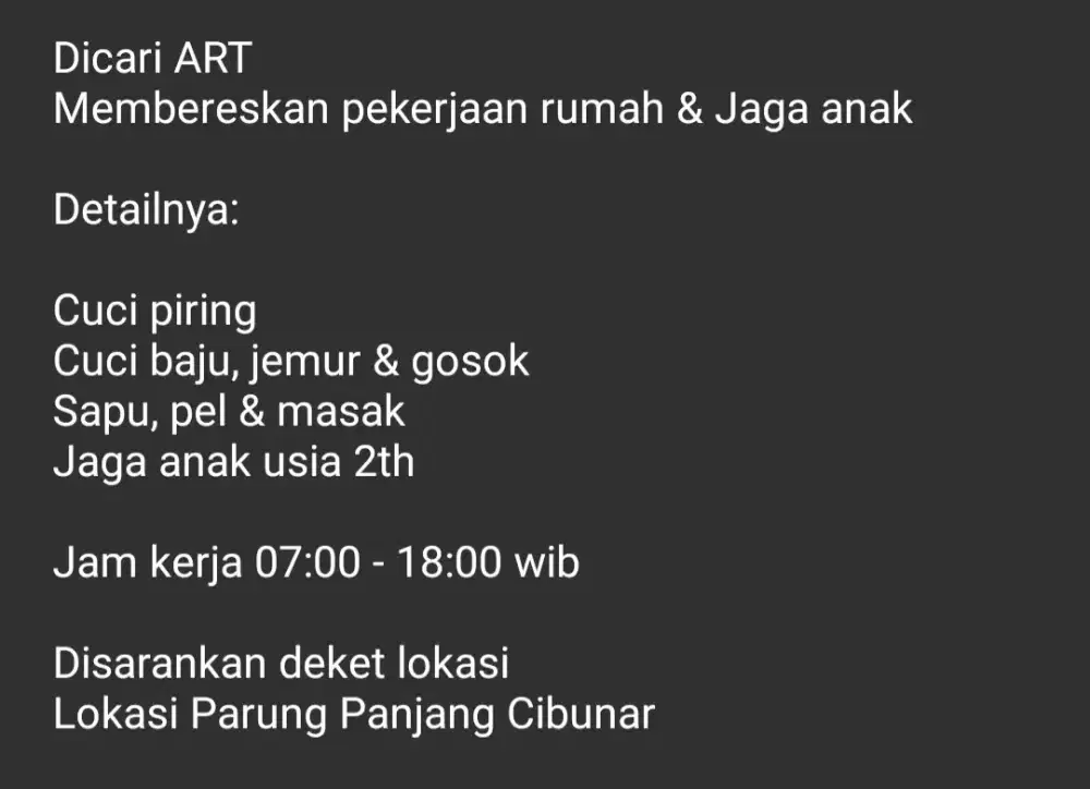 Dicari Asisten Rumah Tangga ART