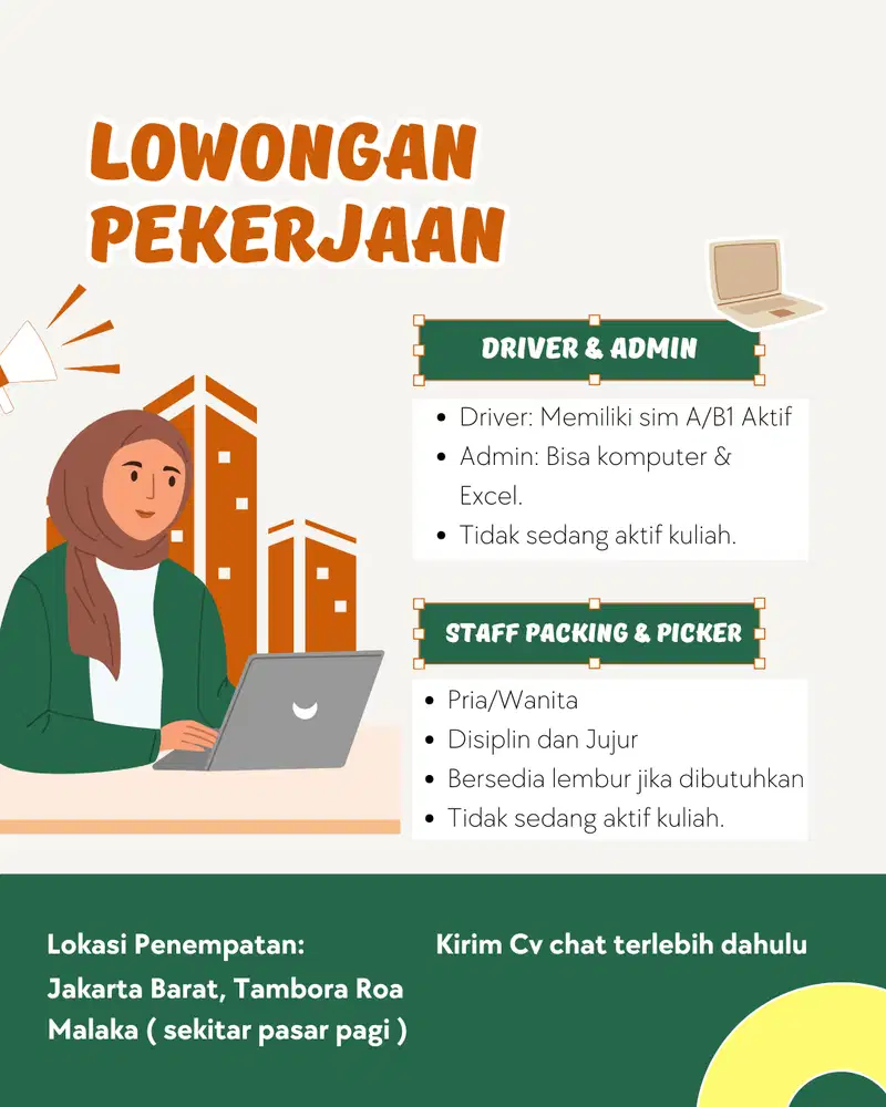 Lowongan kerja posisi staff gudang, staff nota, admin, driver