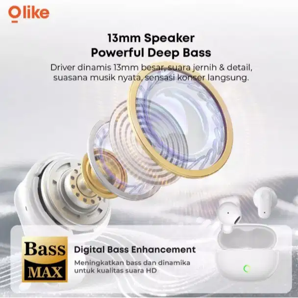 Olike TWS T206 Wireless Earbuds Driver 13mm Stereo Deep Bass, Bluetoot