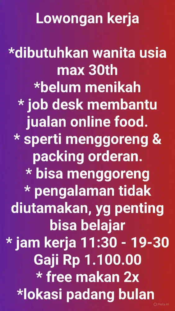 Dibutuhkan karyawan wanita membantu online food