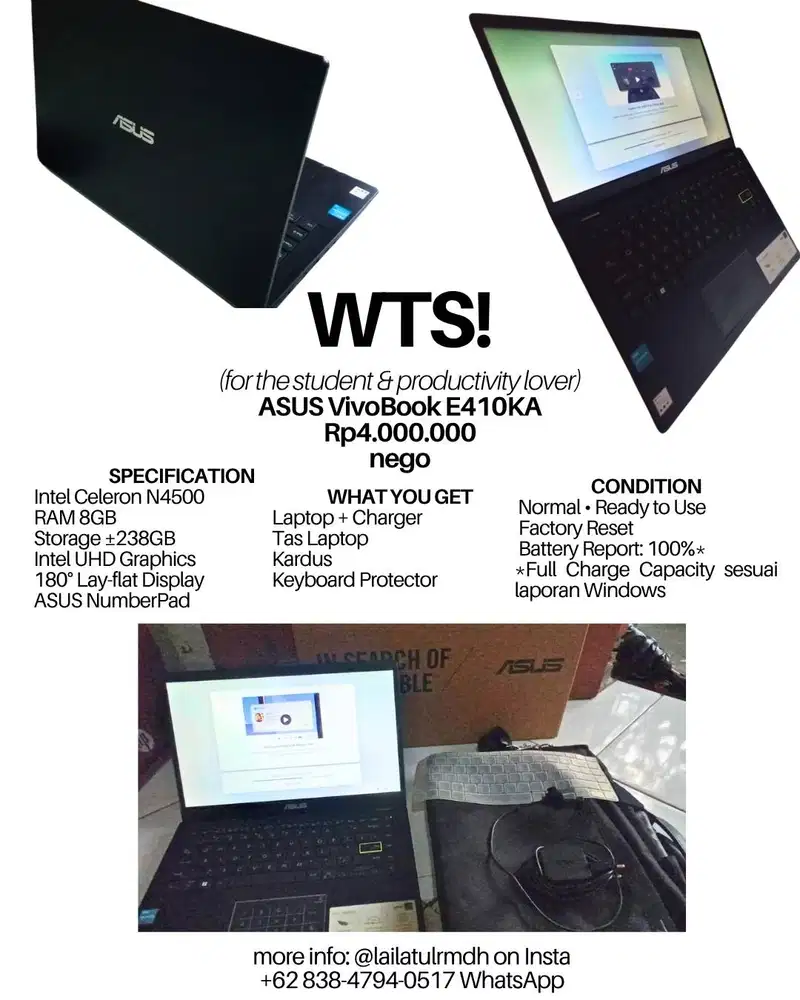 Laptop ASUS VivoBook E410KA 8GB – Cocok Kuliah & Kerja | COD Surabaya