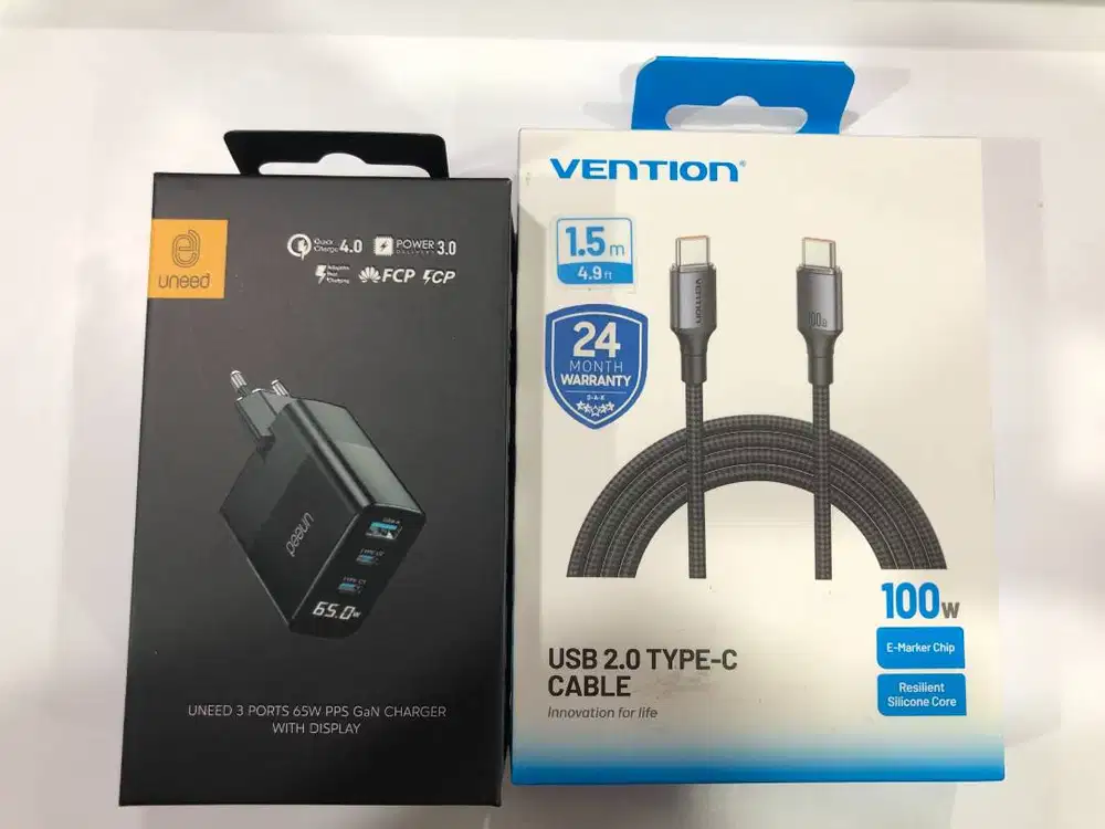 UNEED GaN Charger 65W with Display & Vention Kabel Type C 100W 1,5M