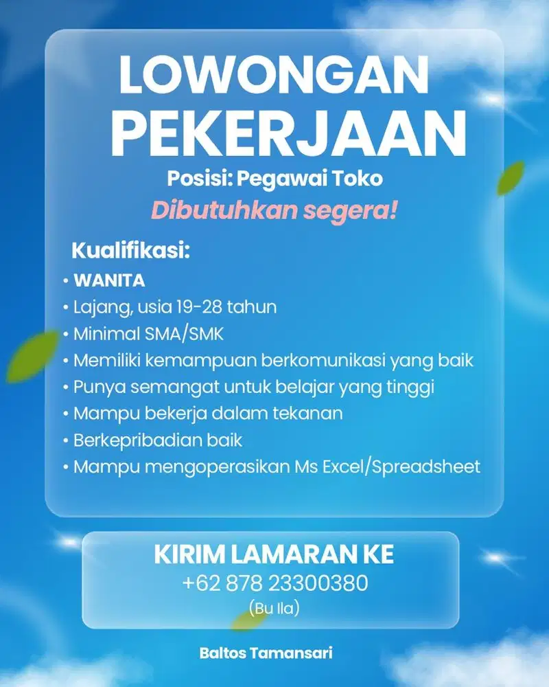 DICARI PEGAWAI TOKO WANITA